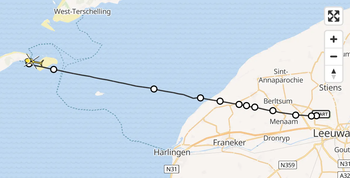 Routekaart van de vlucht: Ambulanceheli naar Vlieland Heliport, Tilledyk