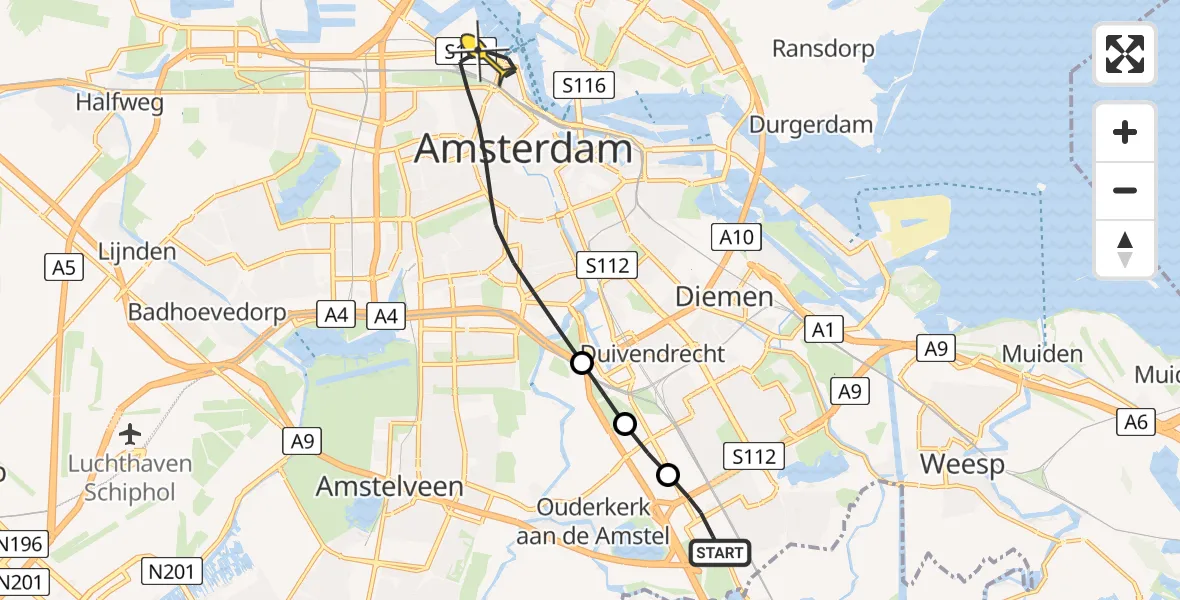 Routekaart van de vlucht: Lifeliner 1 naar Amsterdam, Gaasperdammerweg