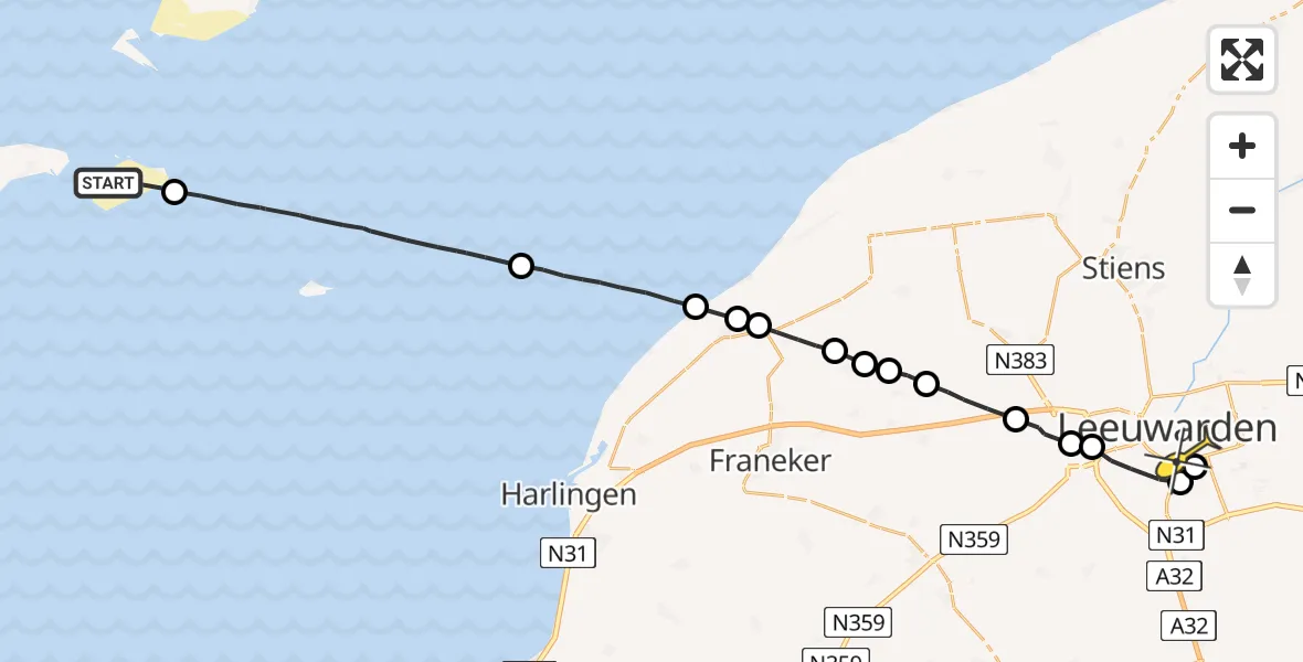 Routekaart van de vlucht: Ambulanceheli naar Leeuwarden, Richel