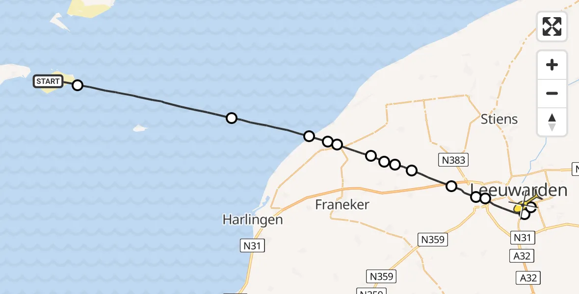 Routekaart van de vlucht: Ambulancehelikopter naar Leeuwarden, Richel