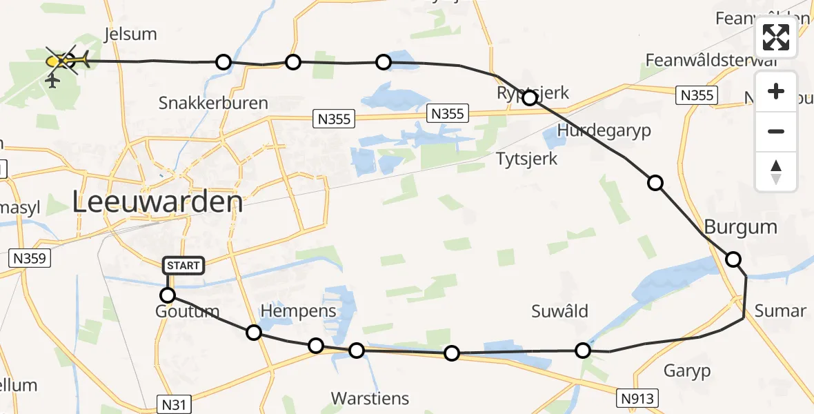 Routekaart van de vlucht: Ambulanceheli naar Vliegbasis Leeuwarden, Boksumerdyk