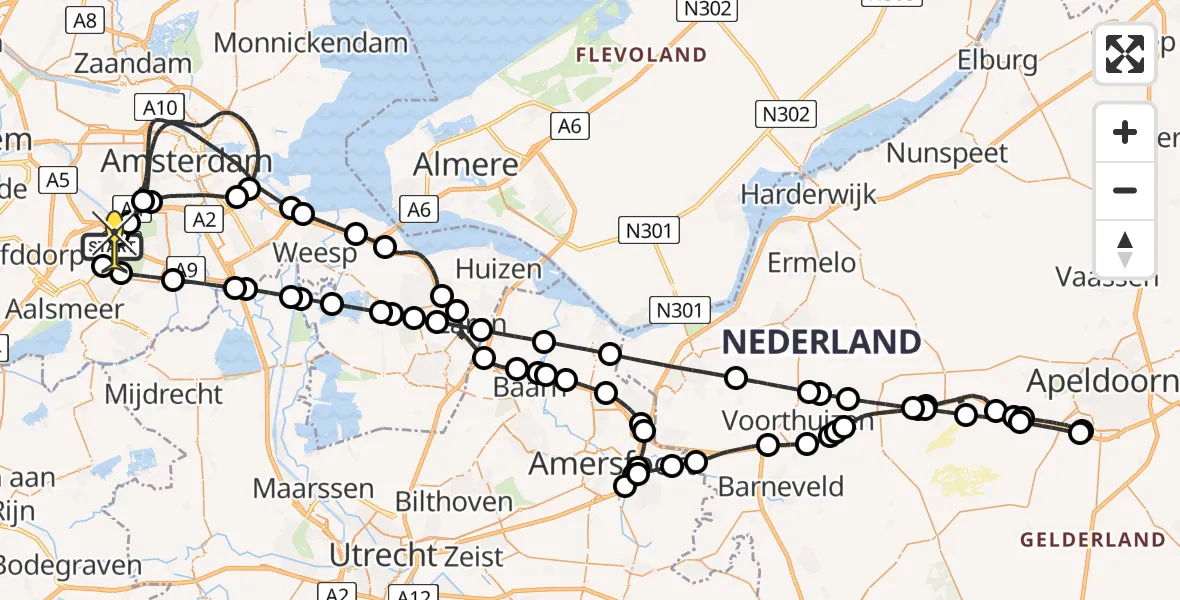 Routekaart van de vlucht: Politieheli naar Schiphol, Aalsmeer