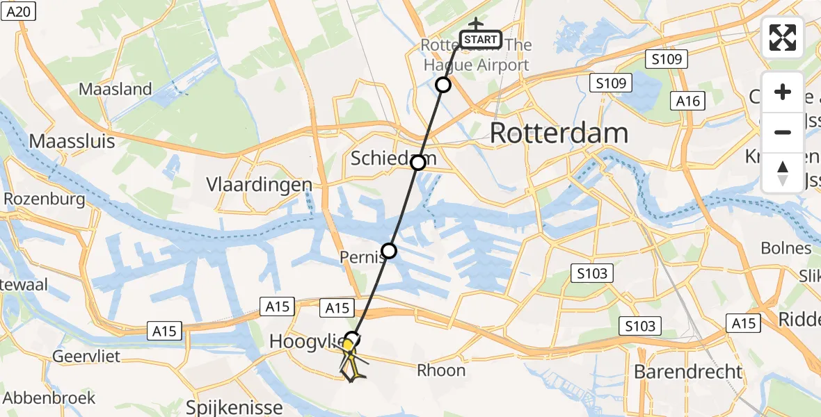 Routekaart van de vlucht: Lifeliner 2 naar Hoogvliet, Grote Werfstraat