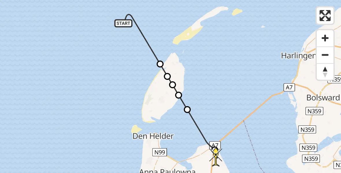 Routekaart van de vlucht: Kustwachthelikopter naar Wieringerwerf, Oosterkwelweg