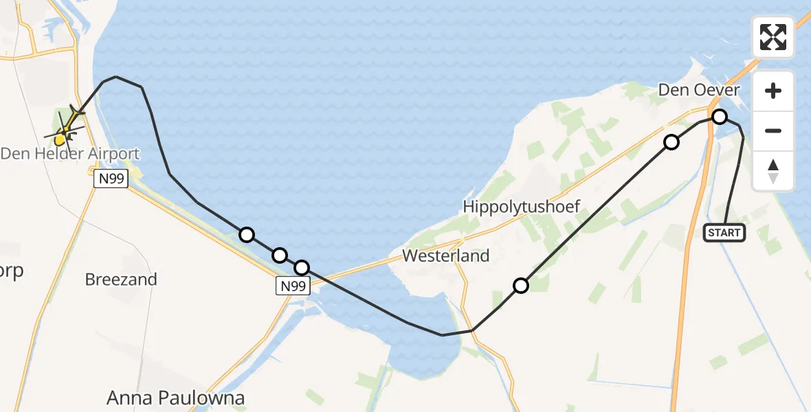 Routekaart van de vlucht: Kustwachthelikopter naar Vliegveld De Kooy, Robbenoordbos