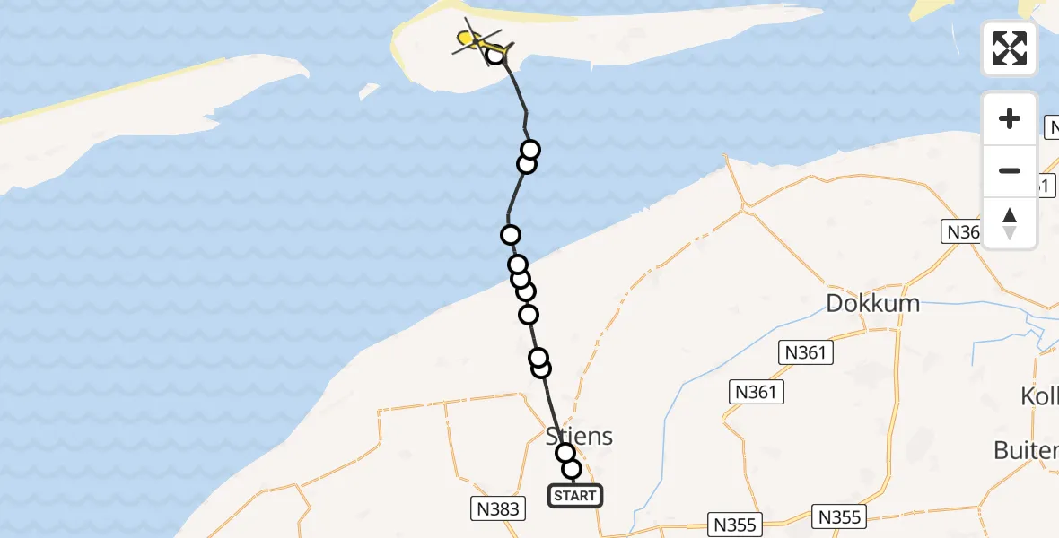 Routekaart van de vlucht: Ambulanceheli naar Ameland Airport Ballum, Nijlânsdyk