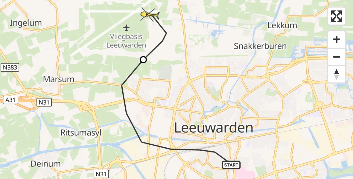 Routekaart van de vlucht: Ambulanceheli naar Vliegbasis Leeuwarden, Ampèrestraat