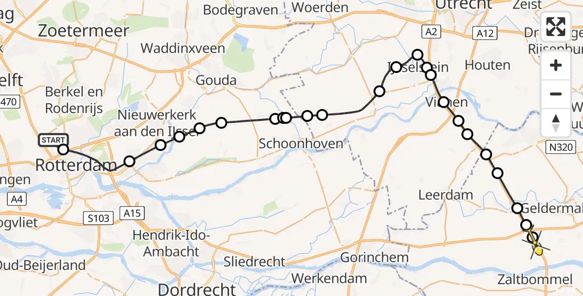 Routekaart van de vlucht: Politieheli naar Waardenburg, Rotterdam Airportplein