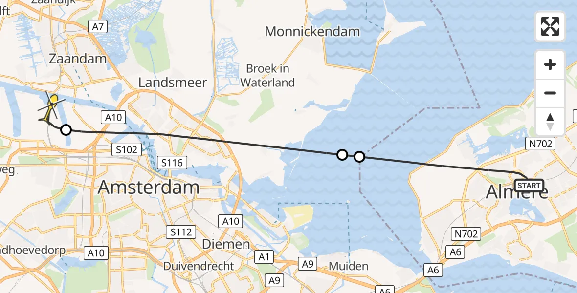 Routekaart van de vlucht: Lifeliner 1 naar Amsterdam Heliport, Markerkant 15