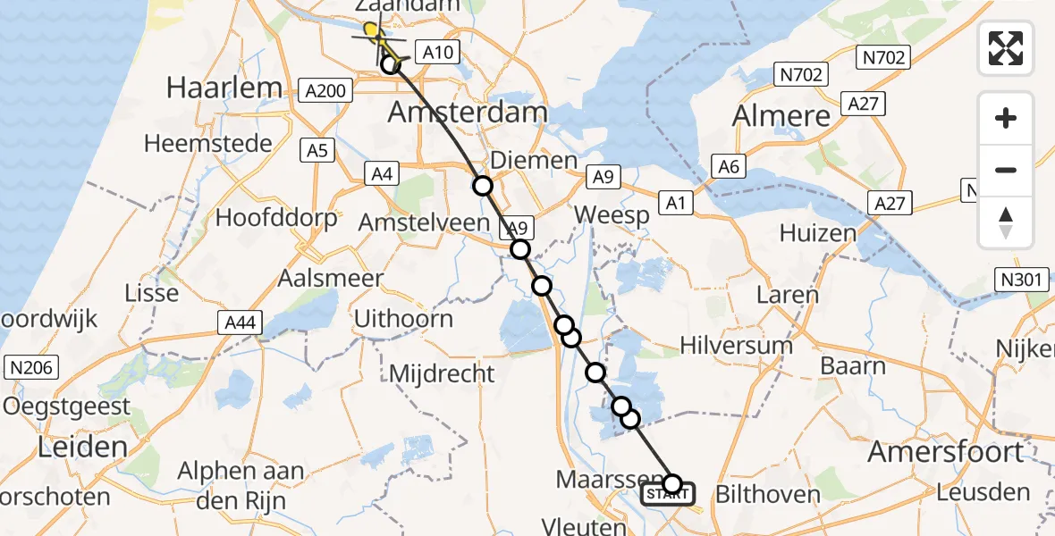 Routekaart van de vlucht: Lifeliner 1 naar Amsterdam Heliport, Westbroekse Binnenweg