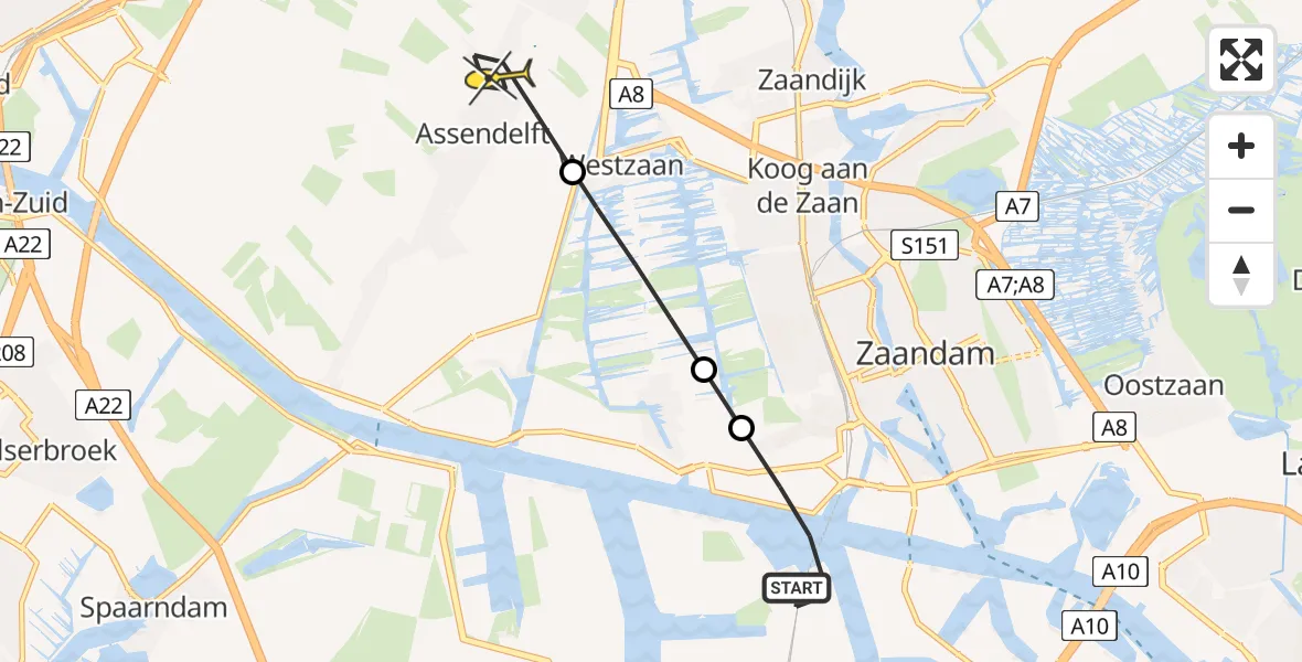 Routekaart van de vlucht: Lifeliner 1 naar Assendelft, Grote Tocht