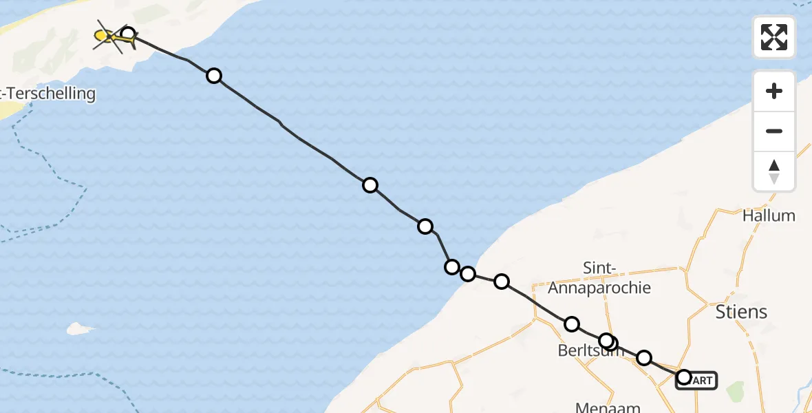 Routekaart van de vlucht: Ambulancehelikopter naar Midsland, Alddyk
