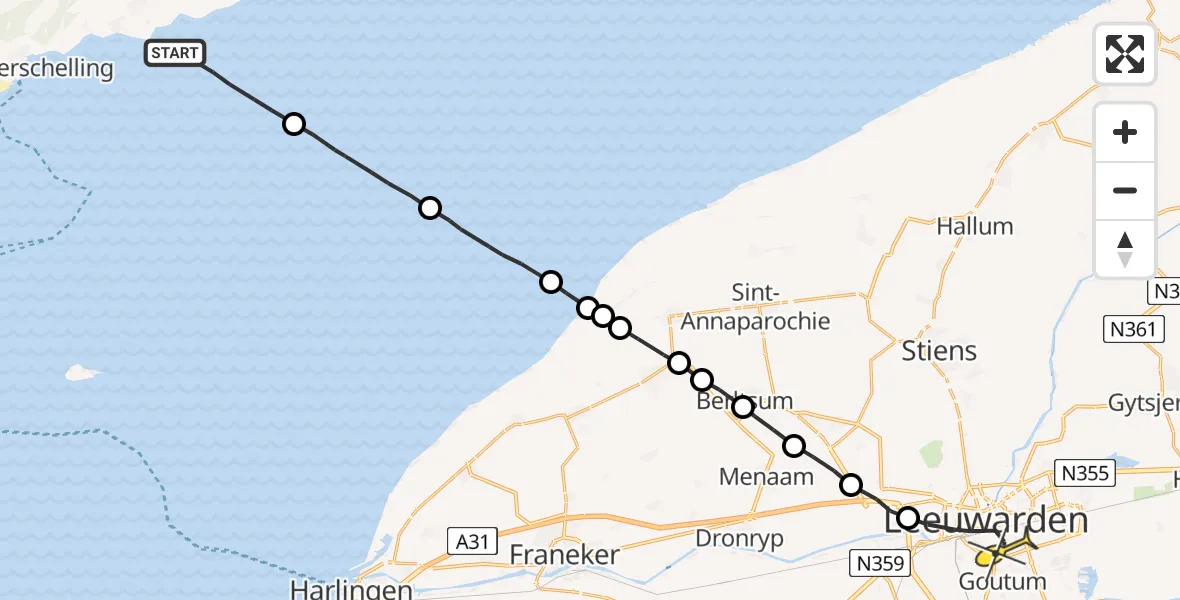Routekaart van de vlucht: Ambulanceheli naar Leeuwarden, Borniastraat