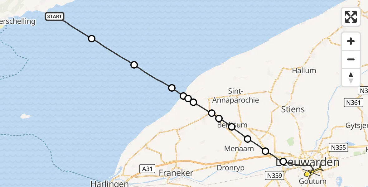 Routekaart van de vlucht: Ambulancehelikopter naar Leeuwarden, Borniastraat