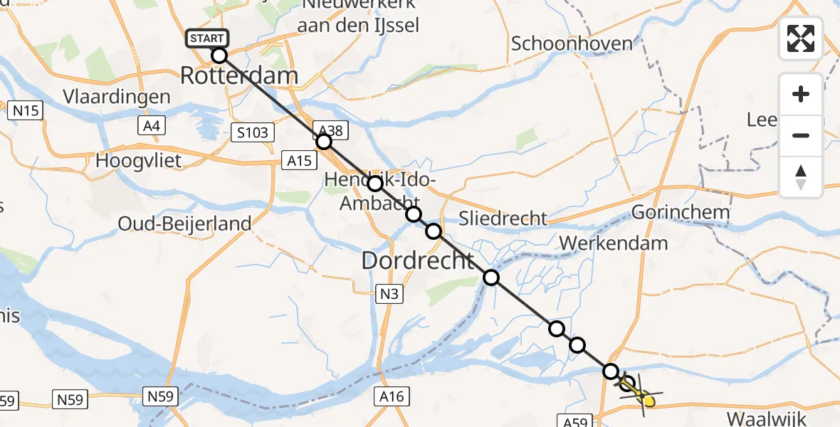 Routekaart van de vlucht: Lifeliner 2 naar Waspik, Zestienhoven