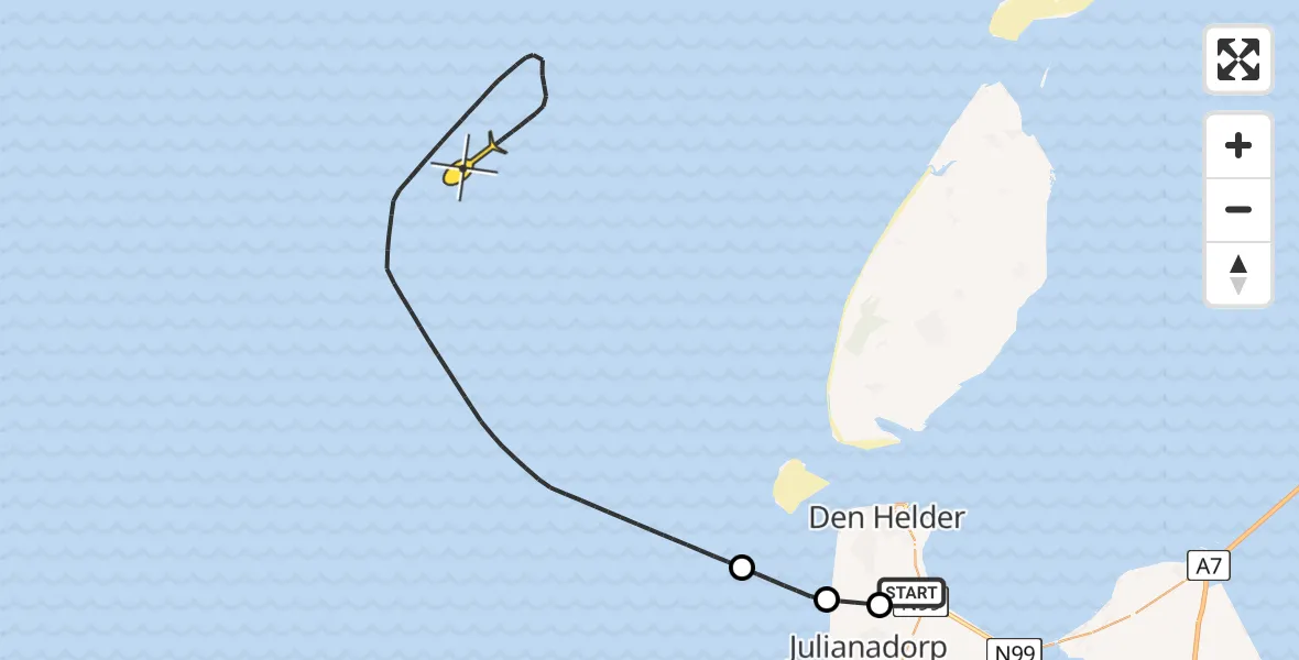 Routekaart van de vlucht: Kustwachthelikopter naar Korte Vliet