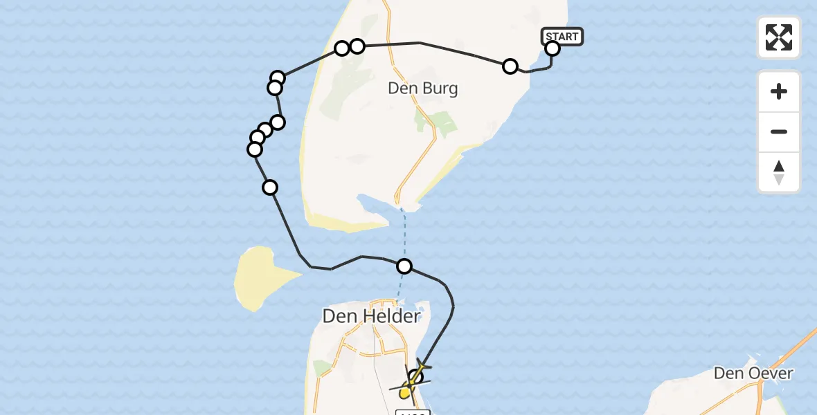 Routekaart van de vlucht: Kustwachthelikopter naar Vliegveld De Kooy, Minkewaal