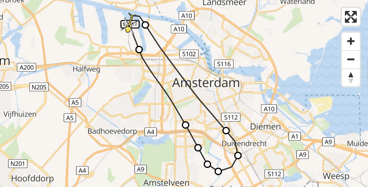 Routekaart van de vlucht: Lifeliner 1 naar Amsterdam Heliport, Corsicaweg