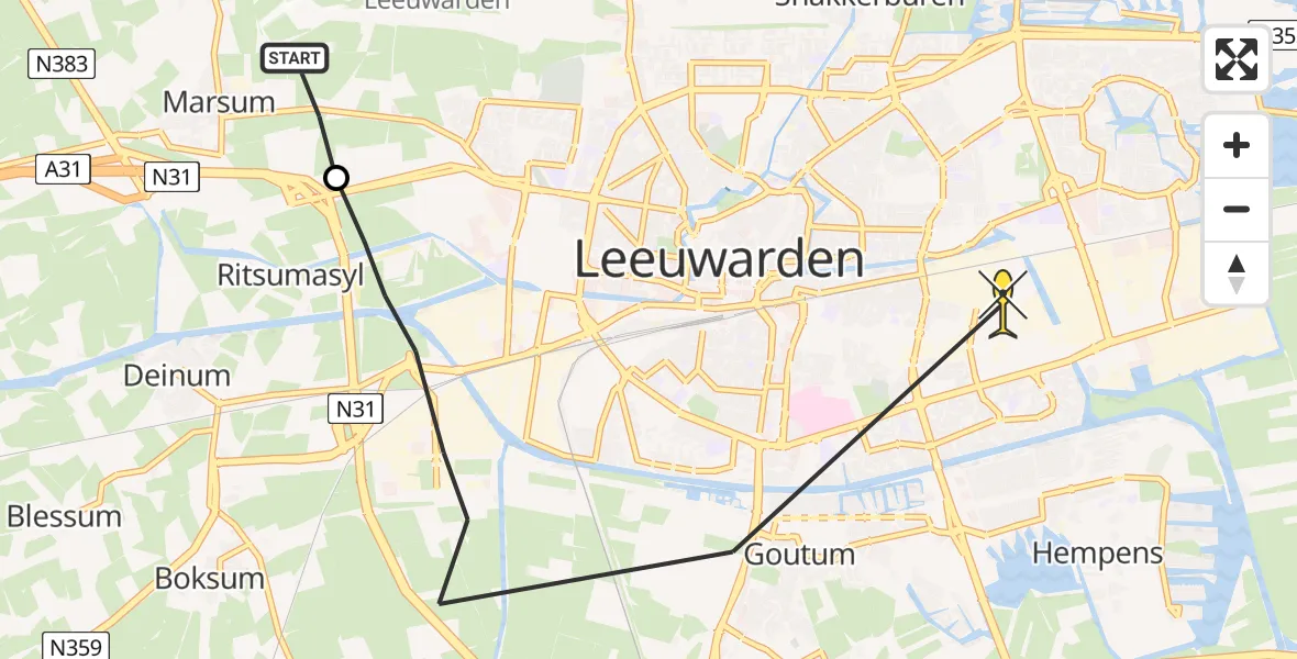 Routekaart van de vlucht: Ambulanceheli naar Leeuwarden, De Heak