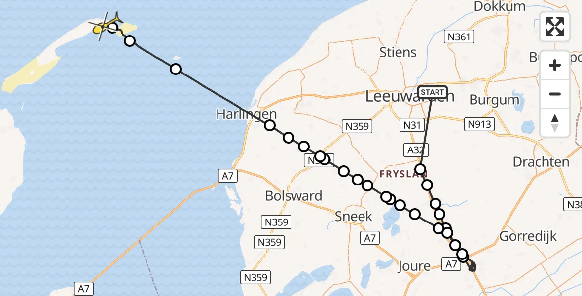 Routekaart van de vlucht: Ambulanceheli naar Vlieland Heliport, het Meer