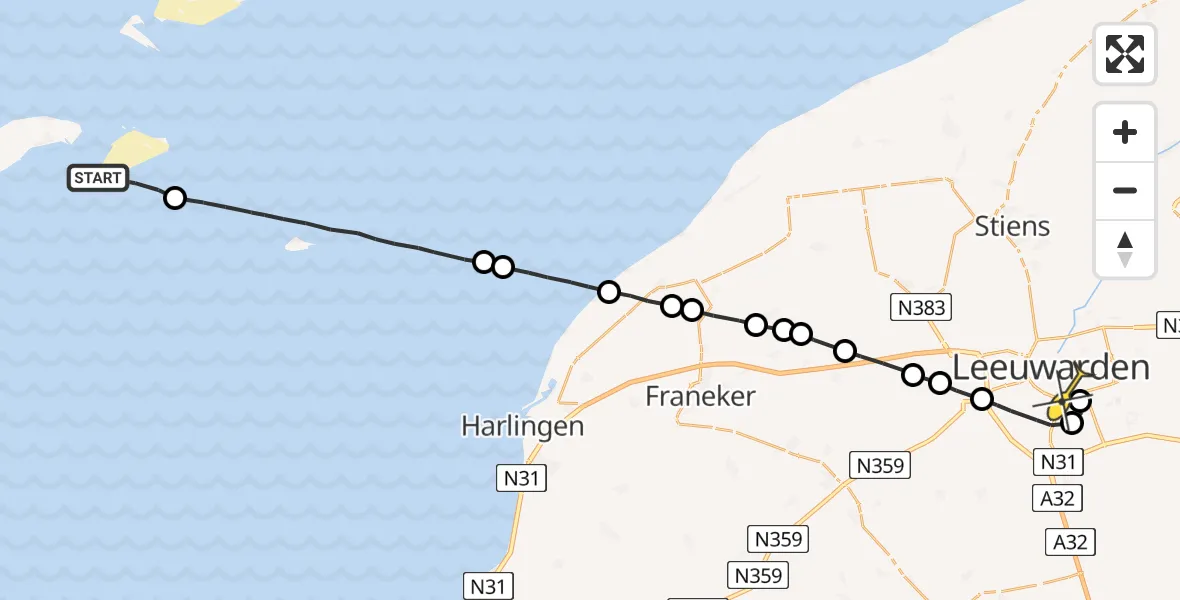 Routekaart van de vlucht: Ambulancehelikopter naar Leeuwarden, Fortweg