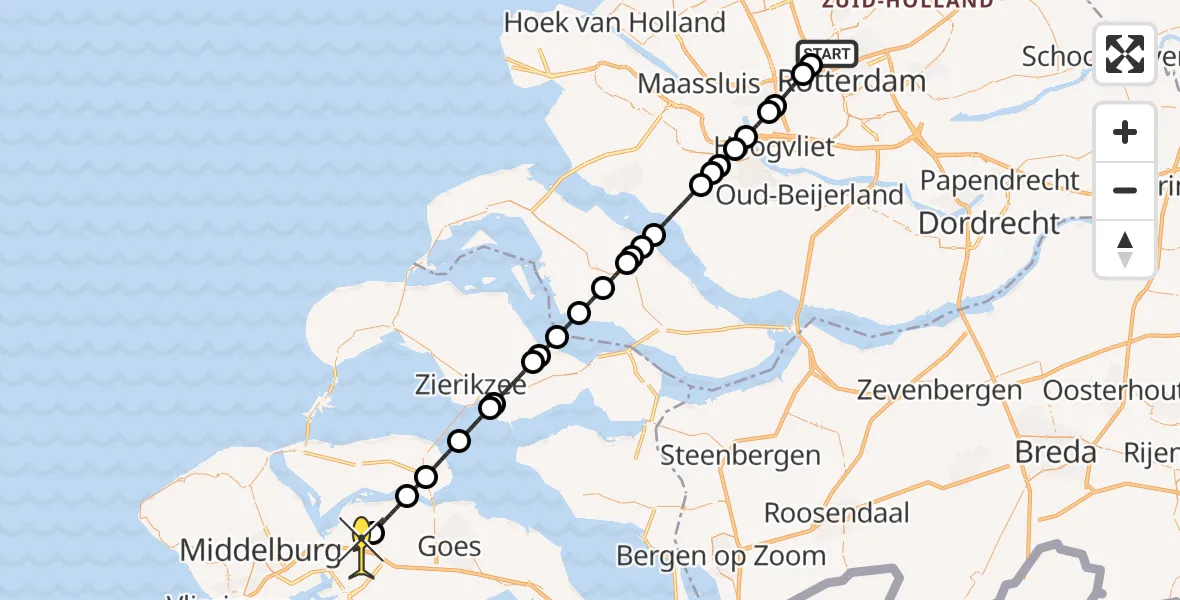 Routekaart van de vlucht: Lifeliner 2 naar 's-Heer Arendskerke, Overschiese Dorpsstraat