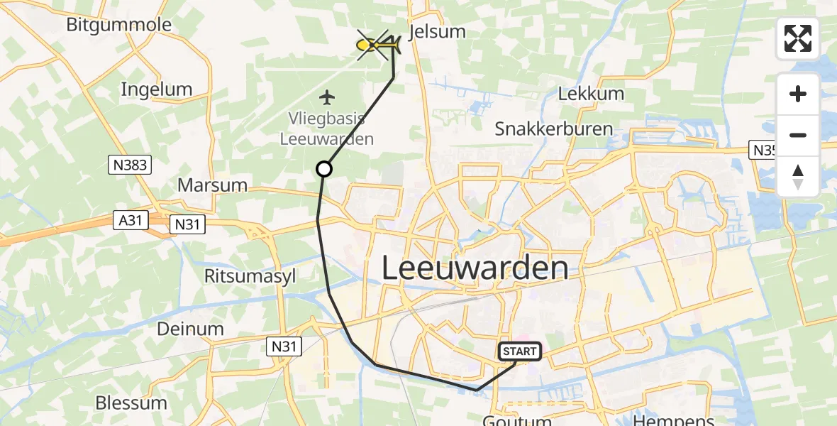 Vluchtroute Ambulancehelikopter van Leeuwarden naar Vliegbasis Leeuwarden