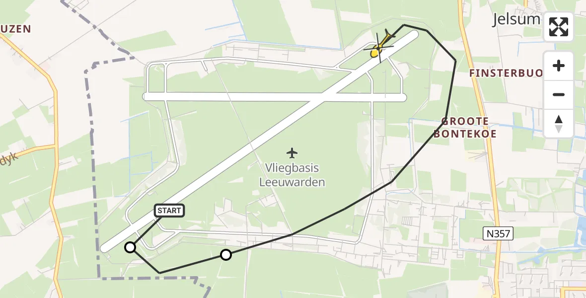 Vluchtroute Ambulancehelikopter van Vliegbasis Leeuwarden naar Vliegbasis Leeuwarden