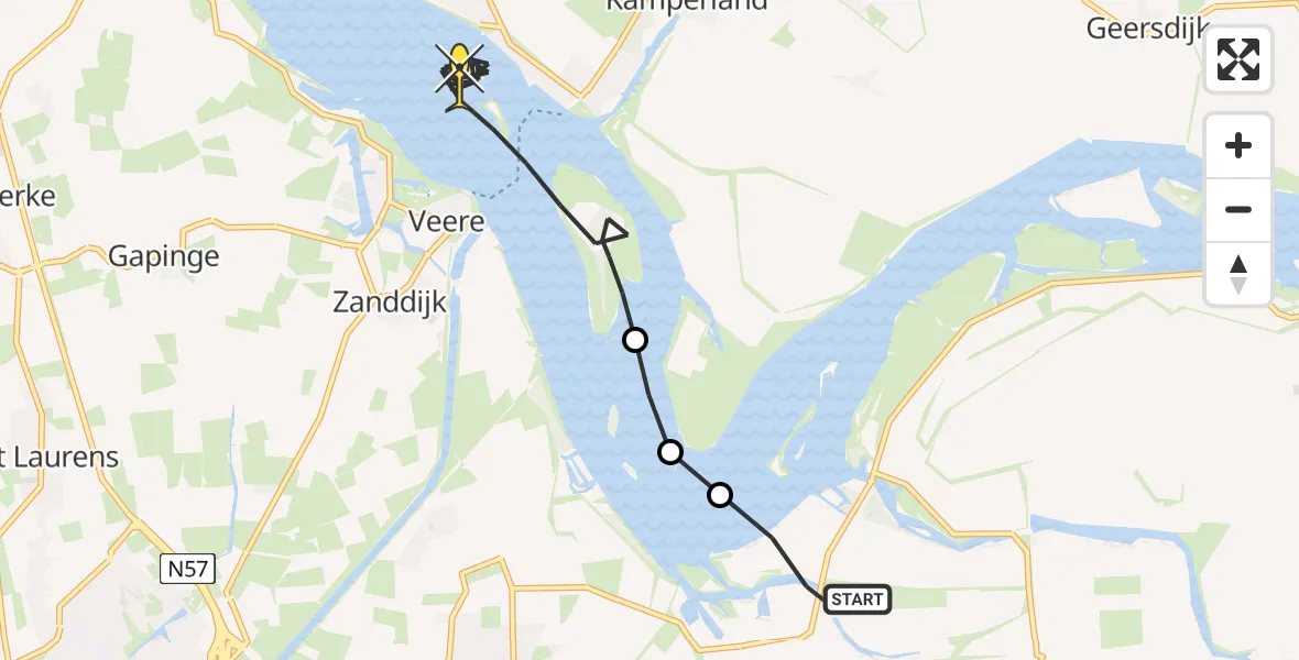 Routekaart van de vlucht: Kustwachthelikopter naar Veere, Oranjeplaatweg