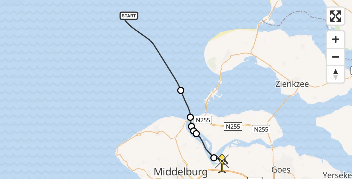 Routekaart van de vlucht: Kustwachthelikopter naar Vliegveld Midden-Zeeland, Calandweg