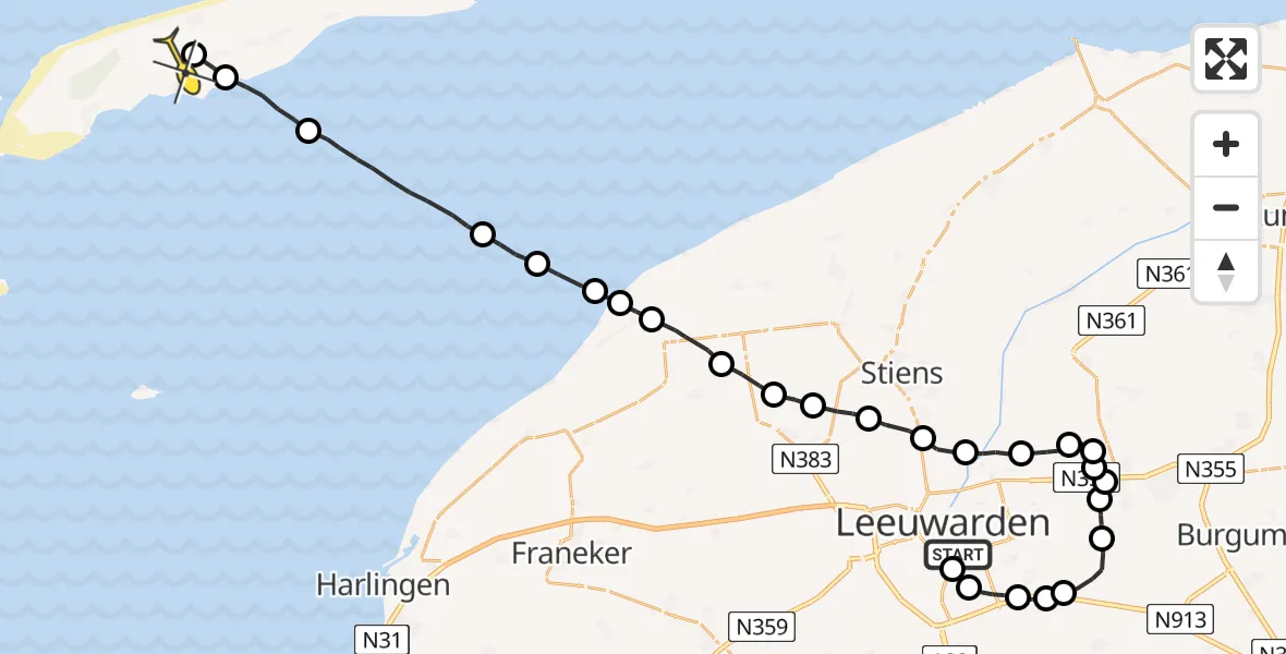 Routekaart van de vlucht: Ambulanceheli naar Midsland, Wergeasterdyk