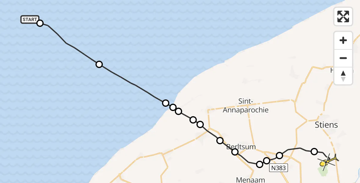 Routekaart van de vlucht: Ambulanceheli naar Vliegbasis Leeuwarden, Hoarnestreek