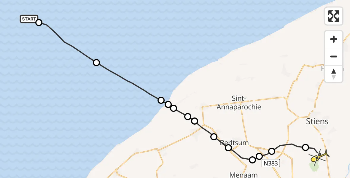 Routekaart van de vlucht: Ambulancehelikopter naar Vliegbasis Leeuwarden, Hoarnestreek