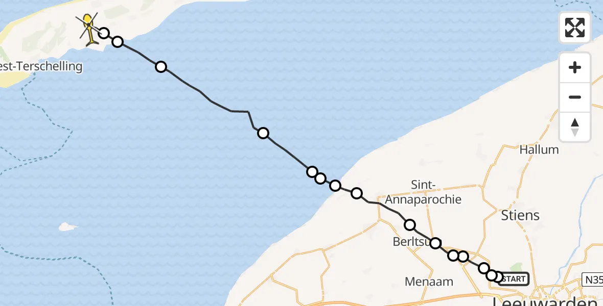 Routekaart van de vlucht: Ambulanceheli naar Midsland, Ljouwerterdyk