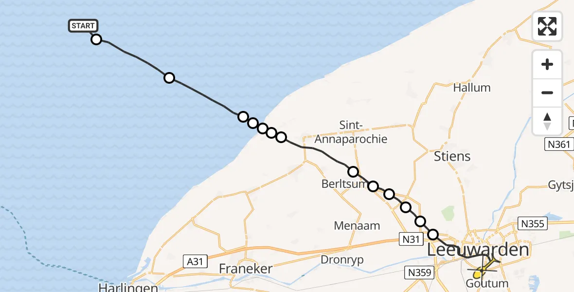 Routekaart van de vlucht: Ambulanceheli naar Leeuwarden, Borniastraat