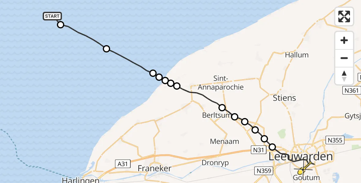 Routekaart van de vlucht: Ambulancehelikopter naar Leeuwarden, Borniastraat
