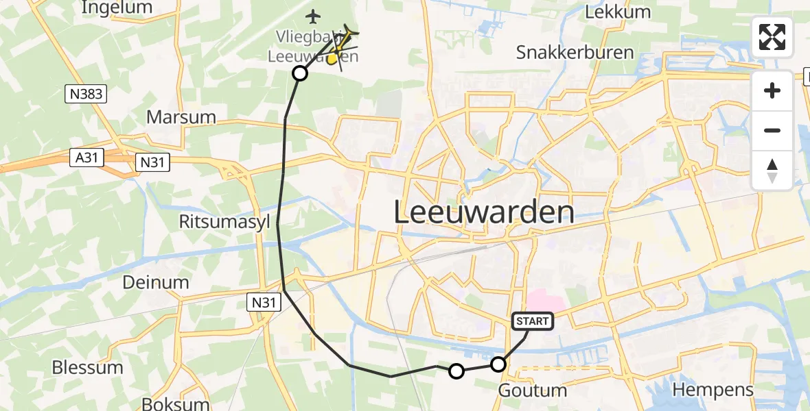 Vluchtroute Ambulancehelikopter van Leeuwarden naar Vliegbasis Leeuwarden