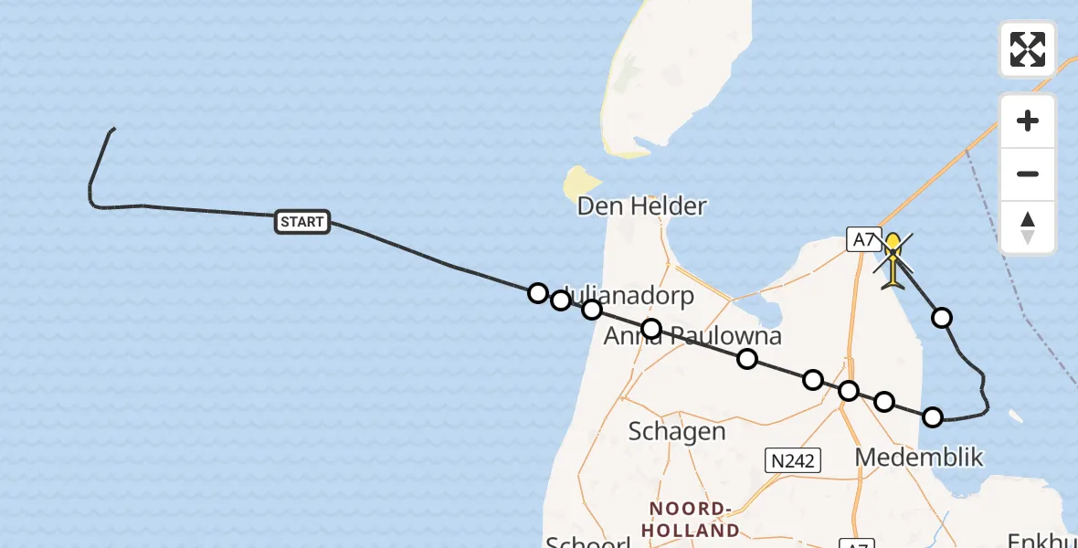 Routekaart van de vlucht: Kustwachthelikopter naar Wieringerwerf