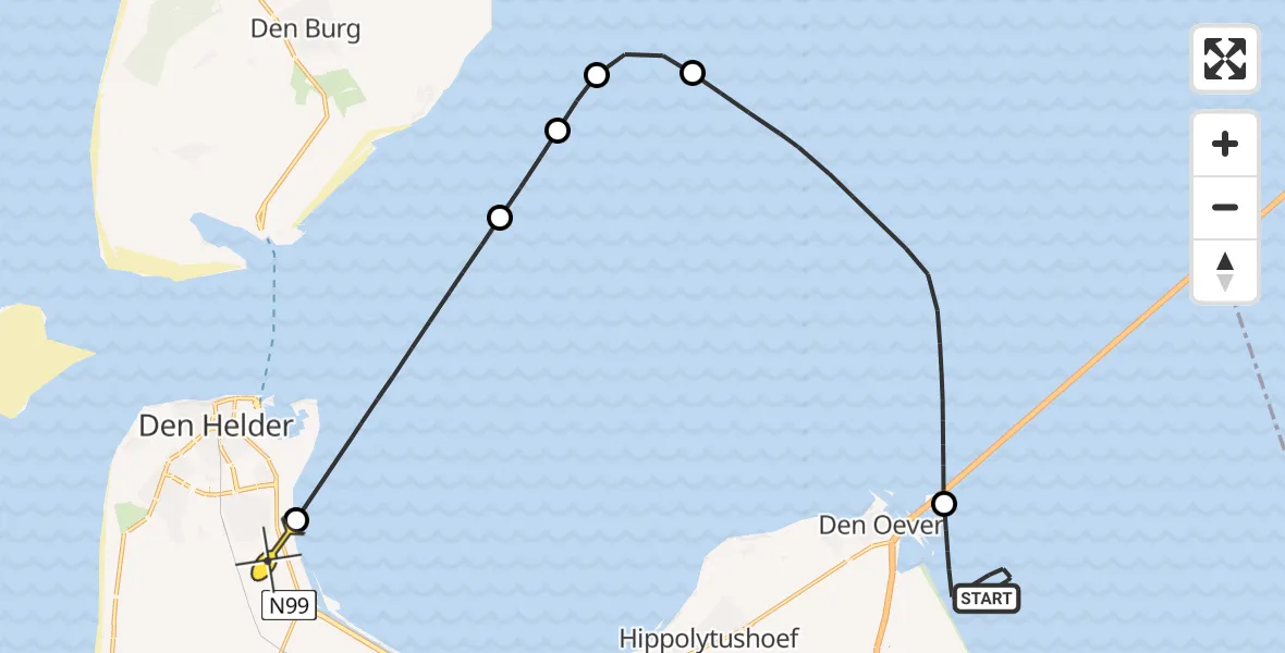 Routekaart van de vlucht: Kustwachthelikopter naar Vliegveld De Kooy, Rijksweg