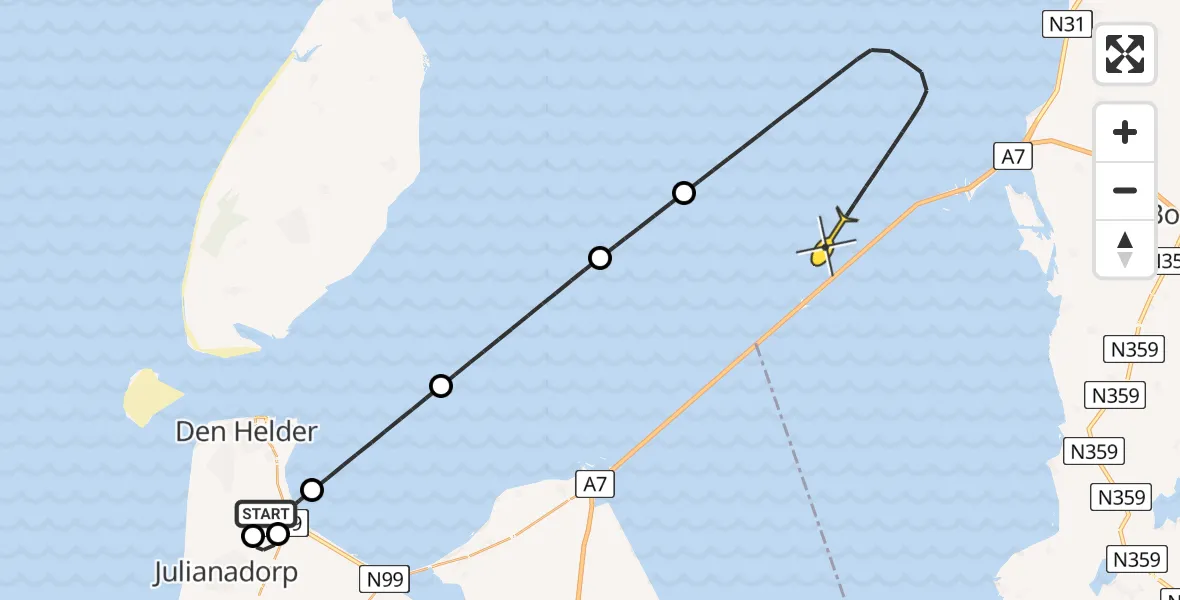 Routekaart van de vlucht: Kustwachthelikopter naar Harlingen, Rijksweg