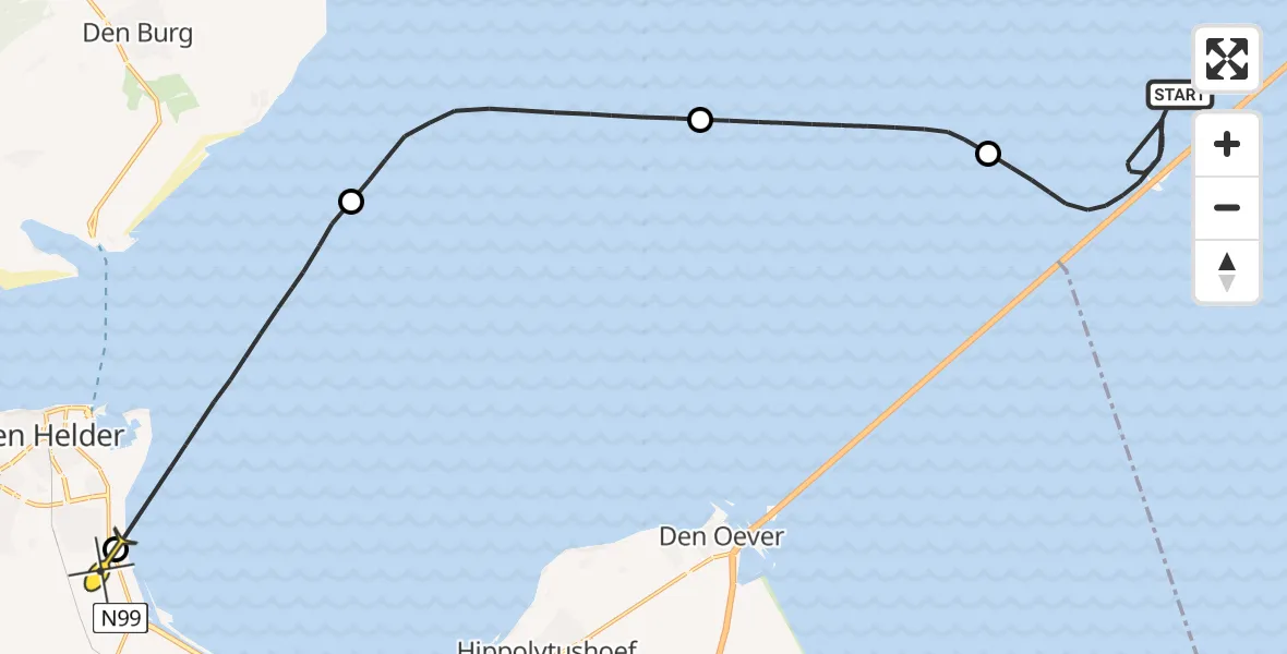 Routekaart van de vlucht: Kustwachthelikopter naar Vliegveld De Kooy, Afsluitdijk