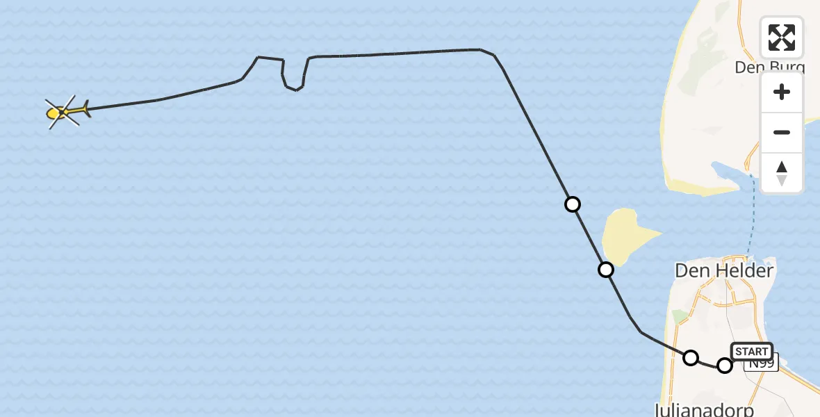 Routekaart van de vlucht: Kustwachthelikopter naar Korte Vliet