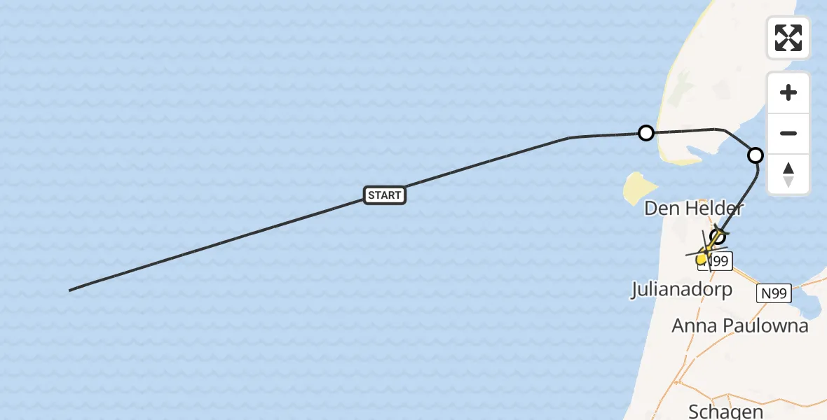 Routekaart van de vlucht: Kustwachthelikopter naar Vliegveld De Kooy, Doggersvaart