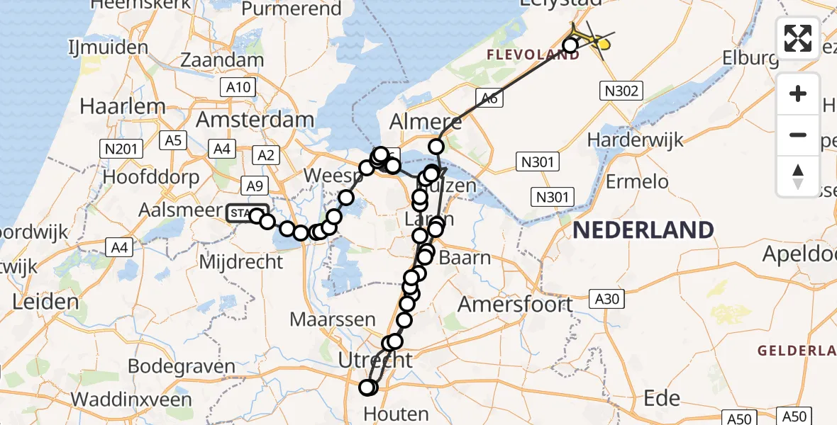 Routekaart van de vlucht: Politieheli naar Lelystad Airport, Molenwetering