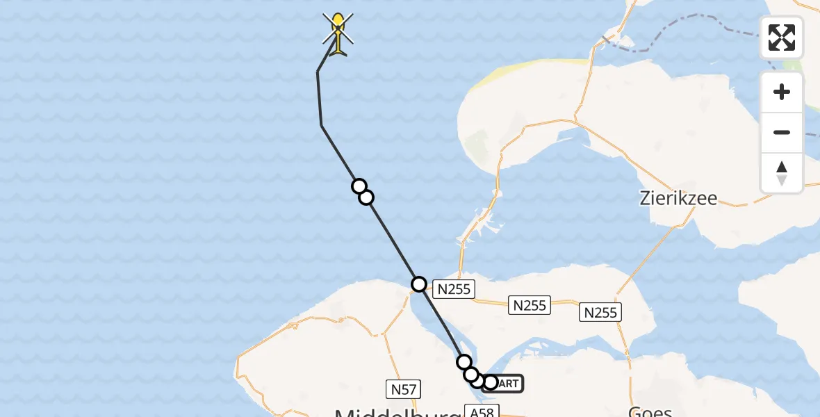 Routekaart van de vlucht: Kustwachthelikopter naar Arneplaat