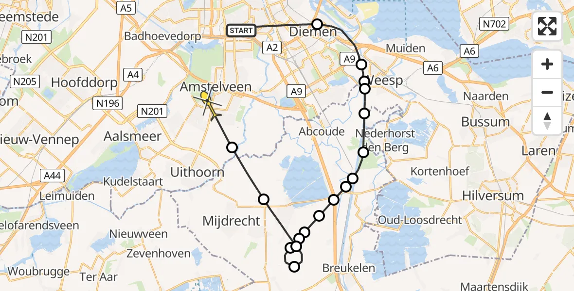 Routekaart van de vlucht: Politieheli naar Amstelveen, Merwedeplein