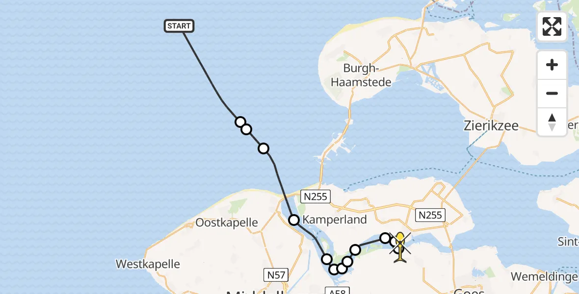 Routekaart van de vlucht: Kustwachthelikopter naar Kortgene, Sabbingeplaat