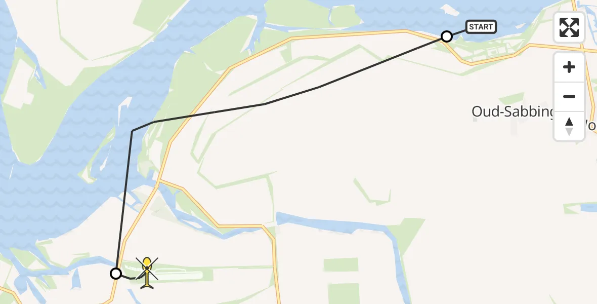 Routekaart van de vlucht: Kustwachthelikopter naar Vliegveld Midden-Zeeland, Batterijweg