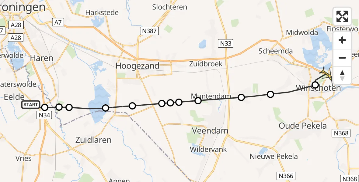 Routekaart van de vlucht: Lifeliner 4 naar Winschoten, Burgemeester J.G. Legroweg