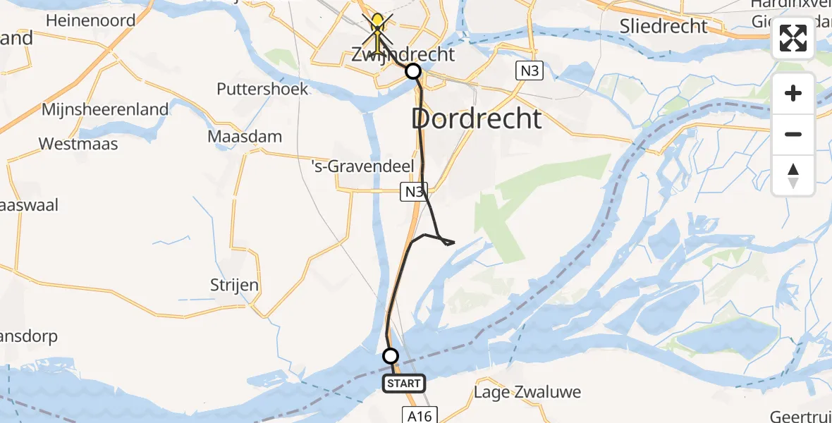 Routekaart van de vlucht: Lifeliner 2 naar Zwijndrecht, Hollandsch Diep